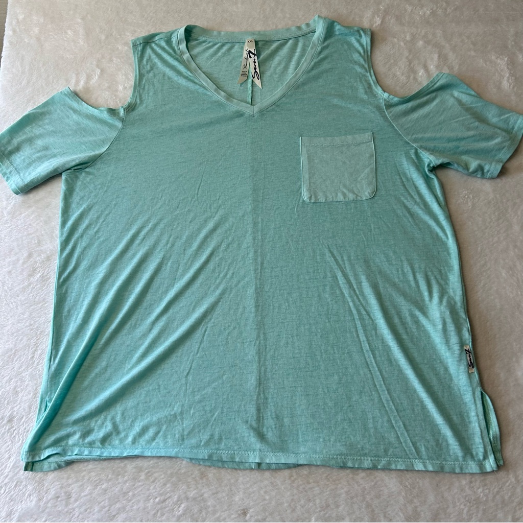 5/$20 Seven 7 Womens Shirt 2xl Blue Pocket Tee Short Sleeve Stretch Lightweight